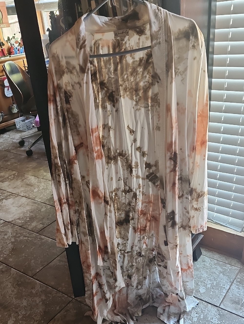 Wonderly White Tie-Dye Kimono with Brown & Rust Accents